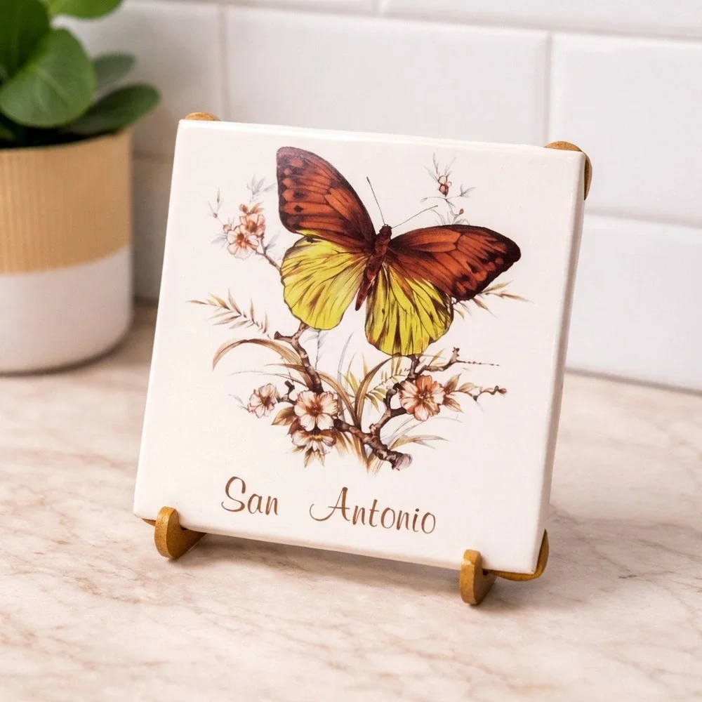Made in Japan San Antonio‎ Butterfly Ceramic Tile Vintage Floral Wall Decor